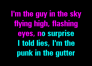 I'm the guy in the sky
flying high, flashing
eyes, no surprise
I told lies, I'm the
punk in the gutter
