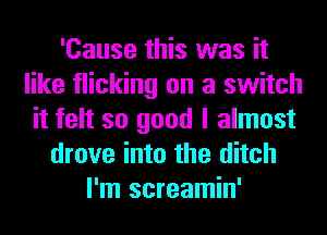 'Cause this was it
like flicking on a switch
it felt so good I almost
drove into the ditch
I'm screamin'