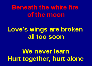 Love's wings are broken

all too soon

We never learn
Hurt together, hurt alone