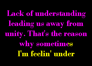 Lack of understanding
leading us away from

unity. That's the reason

Why 8011161111168
I'm feelin' under