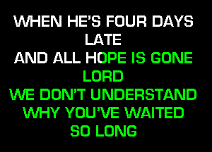 WHEN HE'S FOUR DAYS
LATE
AND ALL HOPE IS GONE
LORD
WE DON'T UNDERSTAND
WHY YOU'VE WAITED
SO LONG