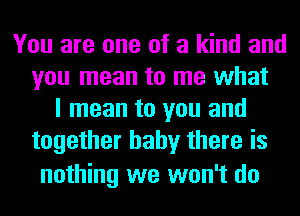 You are one of a kind and
you mean to me what
I mean to you and
together baby there is

nothing we won't do