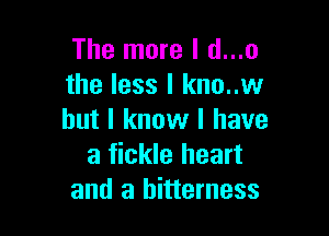 The more I d...o
the less I kno..w

but I know I have
a fickle heart
and a bitterness