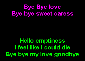 Bye Bye love
Bye bye sweet caress

Hello emptiness
lfeel like I could die
Bye bye my love goodbye