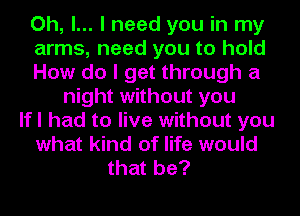 Oh, I... I need you in my
arms, need you to hold
How do I get through a
night without you
lfl had to live without you
what kind of life would
that be?