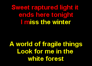 Sweet raptured light it
ends here tonight
I miss the winter

A world of fragile things

Look for me in the
white forest I