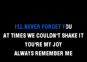 I'LL NEVER FORGET YOU
AT TIMES WE COULDN'T SHAKE IT
YOU'RE MY JOY
ALWAYS REMEMBER ME