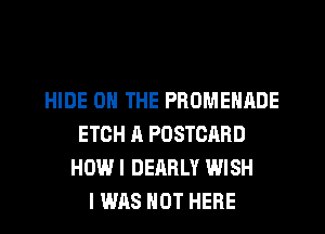 HIDE ON THE PROMENADE
ETCH A POSTCARD
HOW! DEARLY WISH
I WAS NOT HERE