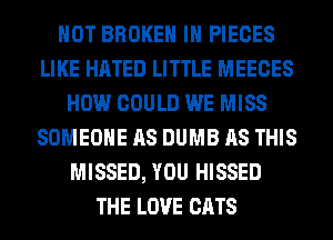 HOT BROKEN IH PIECES
LIKE HATED LITTLE MEECES
HOW COULD WE MISS
SOMEONE AS DUMB AS THIS
MISSED, YOU HISSED
THE LOVE CATS
