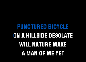 PUHCTUBED BICYCLE
ON A HILLSIDE DESOLATE
WILL NATURE MAKE

A MAN OF ME YET l