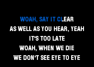 WOAH, SAY IT CLEAR
AS WELL AS YOU HEAR, YEAH
IT'S TOO LATE
WOAH, WHEN WE DIE
WE DON'T SEE EYE T0 EYE