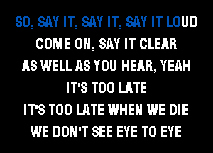 SO, SAY IT, SAY IT, SAY IT LOUD
COME ON, SAY IT CLEAR
AS WELL AS YOU HEAR, YEAH
IT'S TOO LATE
IT'S TOO LATE WHEN WE DIE
WE DON'T SEE EYE T0 EYE