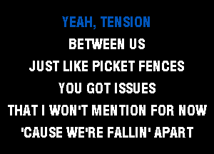 YEAH, TENSION
BETWEEN US
JUST LIKE PICKET FENCES
YOU GOT ISSUES
THAT I WON'T MENTION FOR HOW
'CAU SE WE'RE FALLIH' APART