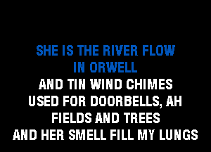 SHE IS THE RIVER FLOW
IH ORWELL
AND TIH WIND CHIMES
USED FOR DOORBELLS, AH
FIELDS AND TREES
AND HER SMELL FILL MY LUNGS