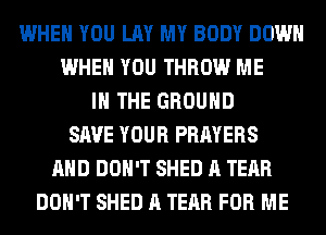 WHEN YOU LAY MY BODY DOWN
WHEN YOU THROW ME
IN THE GROUND
SAVE YOUR PRAYERS
AND DON'T SHED A TEAR
DON'T SHED A TEAR FOR ME