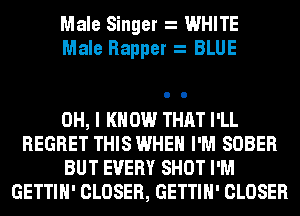 Male Singer WHITE
Male Rapper BLUE

OH, I KNOW THAT I'LL
REGRET THIS WHEN I'M SOBER
BUT EVERY SHOT I'M
GETTIH' CLOSER, GETTIH' CLOSER