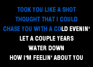 TOOK YOU LIKE A SHOT
THOUGHT THAT I COULD
CHASE YOU WITH A COLD EVEHIH'
LET A COUPLE YEARS
WATER DOWN
HOW I'M FEELIH' ABOUT YOU