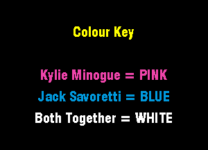 Colour Key

Kylie Minogue PINK

Jack Savoretti a BLUE
Both Together WHITE