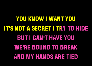 YOU KNOW I WANT YOU
IT'S NOT A SECRET I TRY TO HIDE
BUT I CAN'T HAVE YOU
WE'RE BOUND T0 BREAK
AND MY HANDS ARE TIED