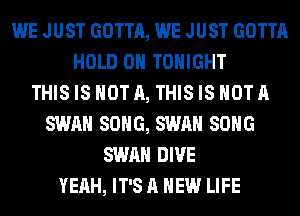 WE JUST GOTTA, WE JUST GOTTA
HOLD 0 TONIGHT
THIS IS NOT A, THIS IS NOT A
SWAN SONG, SWAN SONG
SWAN DIVE
YEAH, IT'S A NEW LIFE
