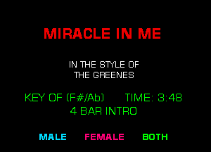 MIRACLE IN ME

IN THE STYLE OF
THE GHEENES

KEY OF (HWAbJ TIME 3 48
4 BAR INTFIO

MALE FEMALE BOTH