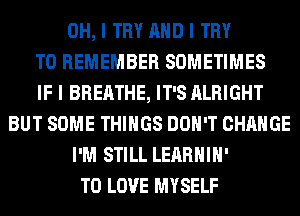 OH, I TRY MID I TRY
TO REMEMBER SOMETIMES
IF I BREATHE, IT'S ALRIGHT
BUT SOME THINGS DON'T CHANGE
I'M STILL LEARHIII'
TO LOVE MYSELF