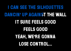 I CAN SEE THE SILHOUETTES
DANCIH' UP AGAINST THE WALL
IT SURE FEELS GOOD
FEELS GOOD
YEAH, WE'RE GONNA
LOSE CONTROL...