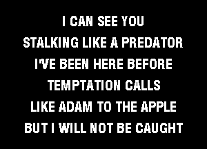 I CAN SEE YOU
STALKIHG LIKE A PREDATOR
I'VE BEEN HERE BEFORE
TEMPTATIOH CALLS
LIKE ADAM TO THE APPLE
BUT I WILL NOT BE CAUGHT