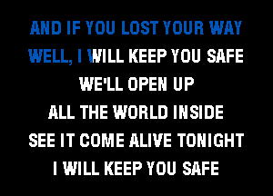 AND IF YOU LOST YOUR WAY
WELL, I WILL KEEP YOU SAFE
WE'LL OPEN UP
ALL THE WORLD INSIDE
SEE IT COME ALIVE TONIGHT
I WILL KEEP YOU SAFE