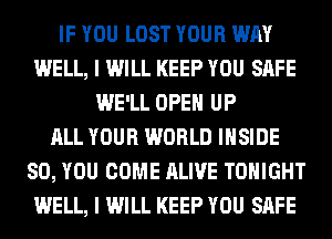 IF YOU LOST YOUR WAY
WELL, I WILL KEEP YOU SAFE
WE'LL OPEN UP
ALL YOUR WORLD INSIDE
SO, YOU COME ALIVE TONIGHT
WELL, I WILL KEEP YOU SAFE