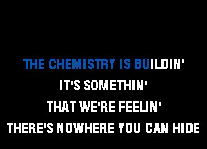 THE CHEMISTRY IS BUILDIH'
IT'S SOMETHIH'
THAT WE'RE FEELIH'
THERE'S NOWHERE YOU CAN HIDE