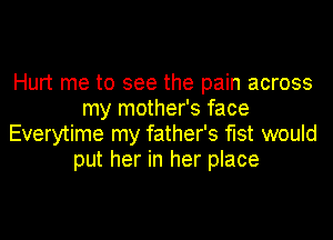 Hurt me to see the pain across
my mother's face
Everytime my father's fist would
put her in her place