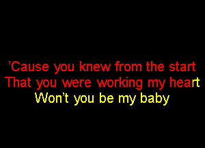 ,Cause you knew from the start

That you were working my heart
Won't you be my baby