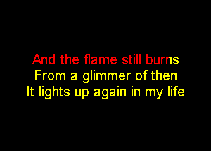 And the flame still burns
From a glimmer of then

It lights up again in my life