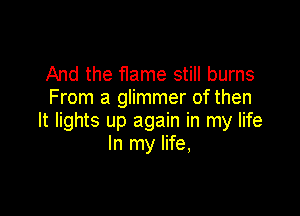 And the flame still burns
From a glimmer of then

It lights up again in my life
In my life,