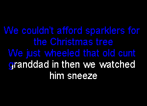 We couldntt afford sparklers for
the Christmas tree
We just wheeled that old cunt
granddad in then we watched
him sneeze