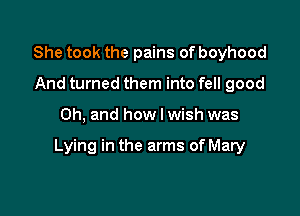 She took the pains of boyhood
And turned them into fell good

Oh, and how I wish was

Lying in the arms of Mary