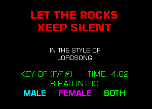 LET THE ROCKS
KEEP SILENT

IN THE STYLE 0F
LURDSONG

KEY OF (FIRM TIME 4 02
8 BAR INTRO
MALE FEMALE BOTH