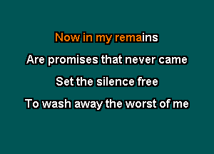 Now in my remains
Are promises that never came

Set the silence free

To wash away the worst of me