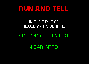 RUN AND TELL

IN THE STYLE OF
NICOLE WATTS JENKINS

KEY OF ECbeJ TIME 3 (33

4 BAR INTRO

g