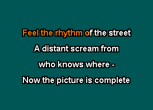 Feel the rhythm ofthe street
A distant scream from

who knows where -

Now the picture is complete
