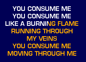 YOU CONSUME ME
YOU CONSUME ME
LIKE A BURNING FLAME
RUNNING THROUGH
MY VEINS
YOU CONSUME ME
MOVING THROUGH ME