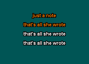 just a note

that's all she wrote
that's all she wrote

that's all she wrote