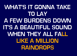 VVHATB IT GONNA TAKE
T0 LAY
A FEW BURDENS DOWN
ITS A BEAUTIFUL SOUND
WHEN THEY ALL FALL
LIKE A MILLION
RAINDROPS
