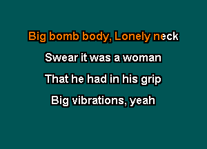 Big bomb body, Lonely neck

Swear it was a woman

That he had in his grip

Big vibrations, yeah