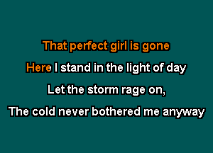 That perfect girl is gone
Here I stand in the light of day

Let the storm rage on,

The cold never bothered me anyway