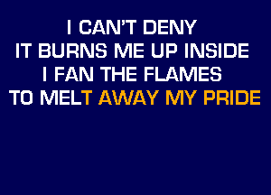 I CAN'T DENY
IT BURNS ME UP INSIDE
I FAN THE FLAMES
T0 MELT AWAY MY PRIDE