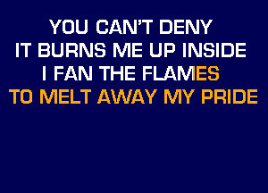 YOU CAN'T DENY
IT BURNS ME UP INSIDE
I FAN THE FLAMES
T0 MELT AWAY MY PRIDE