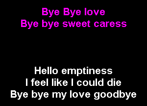 Bye Bye love
Bye bye sweet caress

Hello emptiness
lfeel like I could die
Bye bye my love goodbye