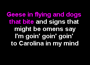 Geese in flying and dogs
that bite and signs that
might be omens say
I'm goin' goin' goin'
to Carolina in my mind